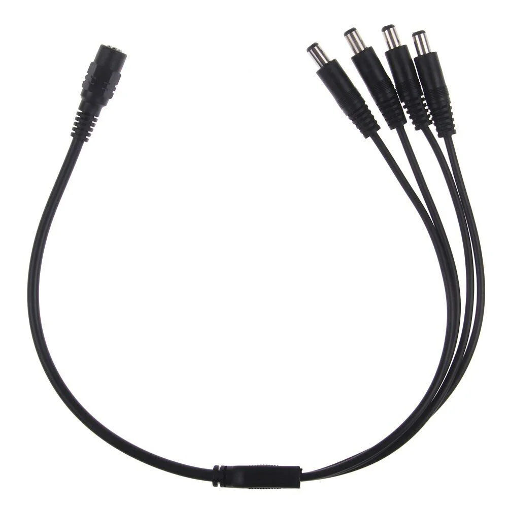 Black PVC CCTV power splitter cable with one male 2.1mm plug and multiple female 2.1mm sockets for up to eight cameras