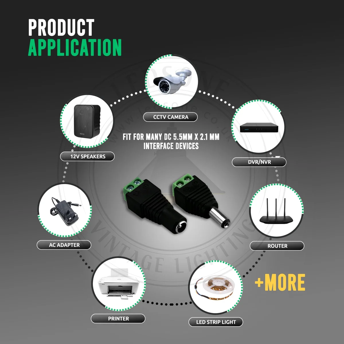 black PVC DC power connector female jack 2.1x5.5mm for LED strips and CCTV