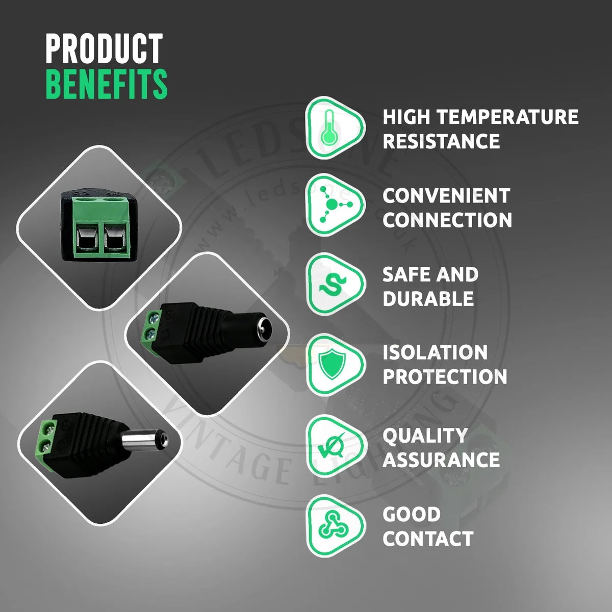 Black 12V DC power adapter jack connector – female, 2.1mm inner, 5.5mm outer, 38mm×14mm×12mm PVC plastic, shown in use.