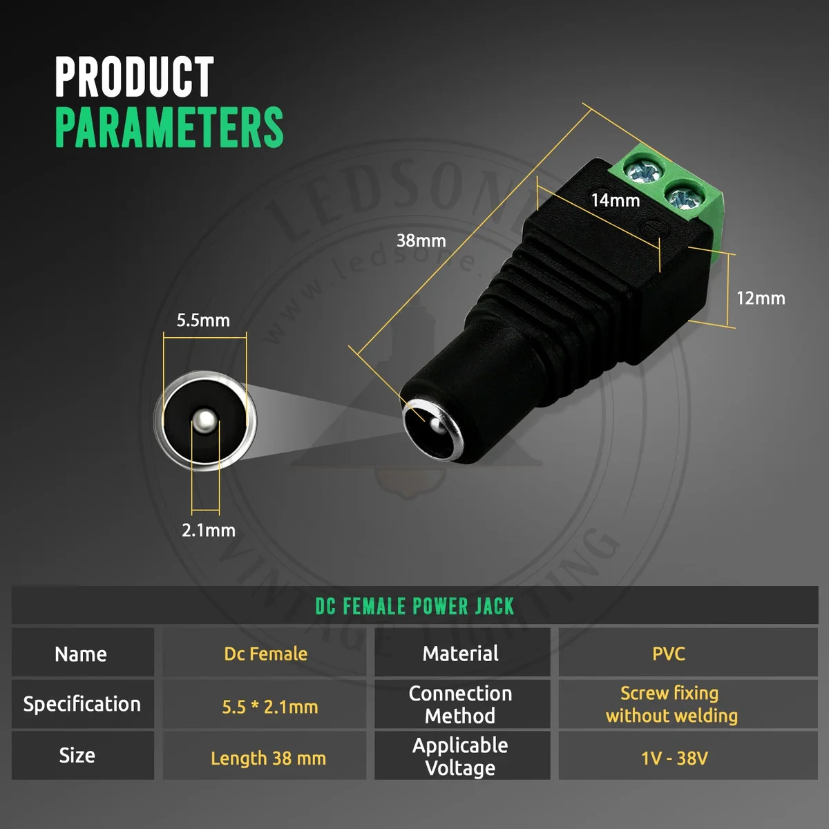 Black PVC female jack connector, 2.1×5.5mm, 12V DC, 38×14×12mm.