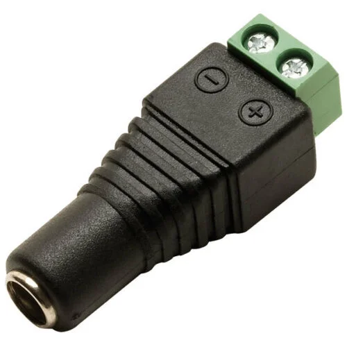 Black PVC female 12V DC jack, 5.5mm outer, 2.1mm inner, 38mm long – a simple LED light strip connector