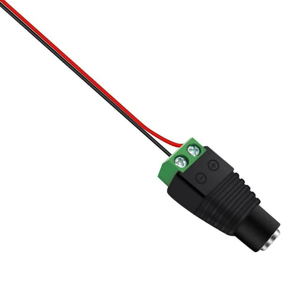 Black PVC 12V 2.1x5.5mm female jack with screw, used as CCTV power adapter connections.