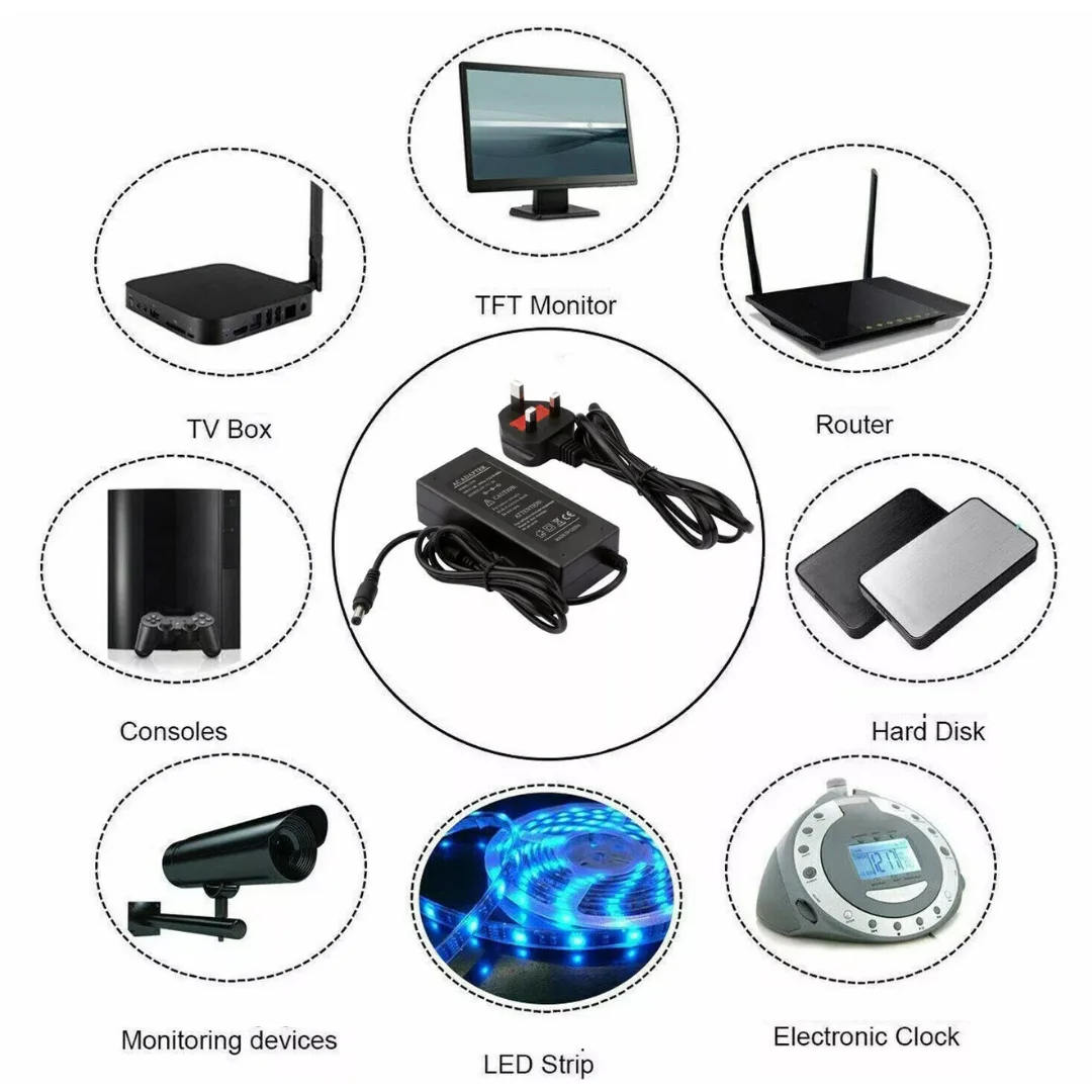 Rectangular plastic power adapter with 5.5mm male connector, labeled 12V power adapter, 120W, 100-240V input, 10A output.