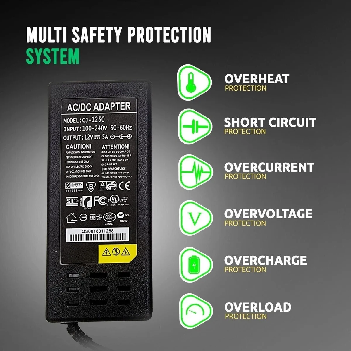 Black AC to DC 120W power supply with 5.5mm x 2.5mm output jack and labeled “12V 10A” on plastic casing