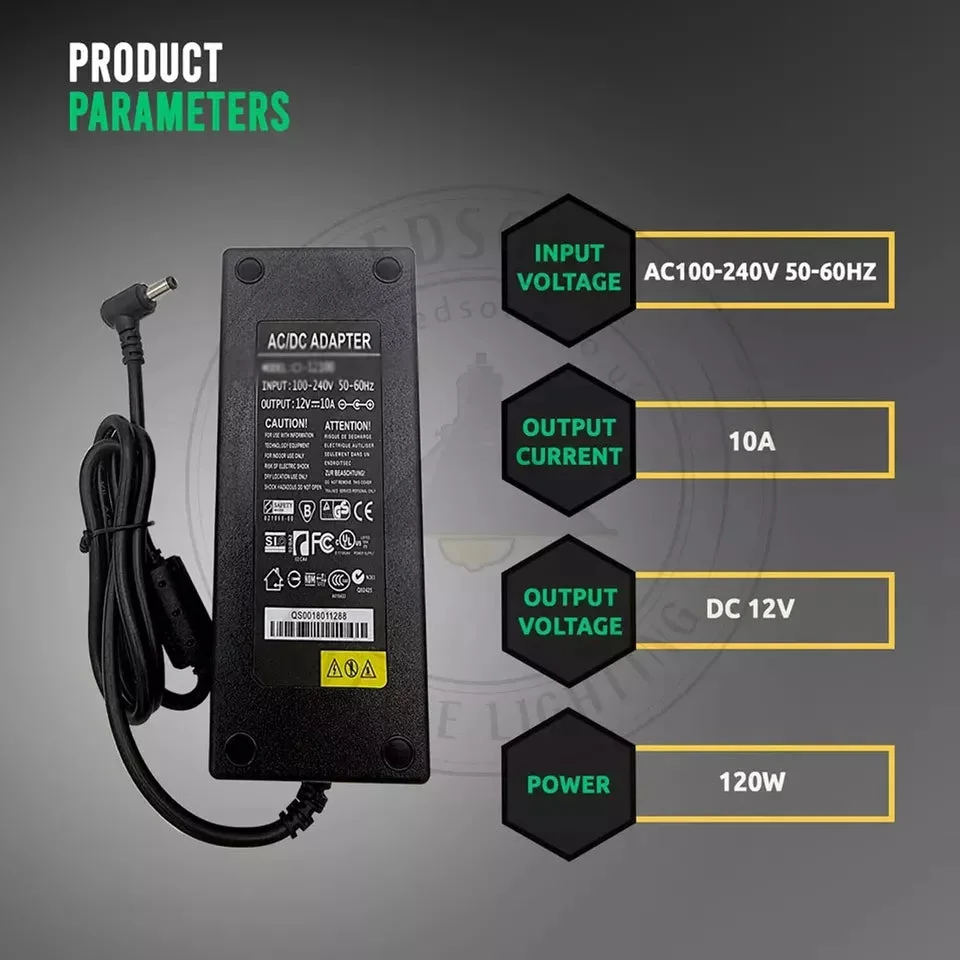 Small white power adapter labeled DC 12V charger, black plastic housing, 120W rating, 5.5x2.5mm jack, with 2‑way splitter.