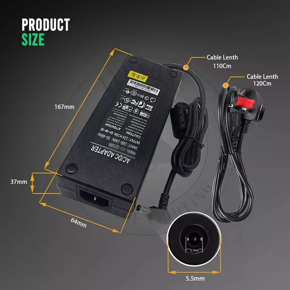 LED strip power supply – 12V 10A AC 100‑240V adapter with plastic casing and 5.5mm male connector.