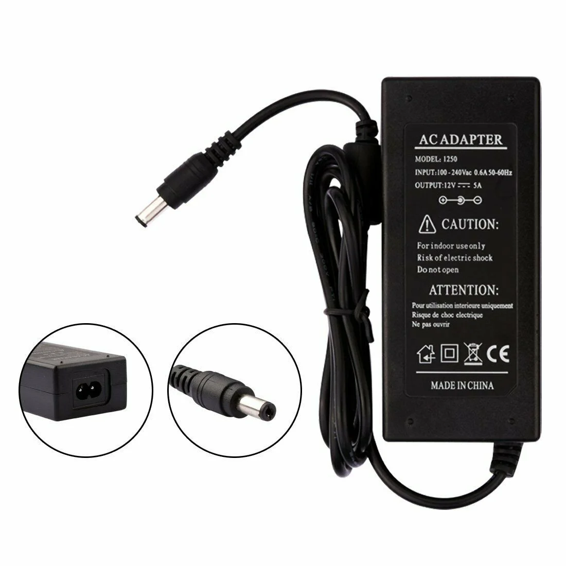 10A power adapter in black plastic housing, including power cable and 5.5mm male connector