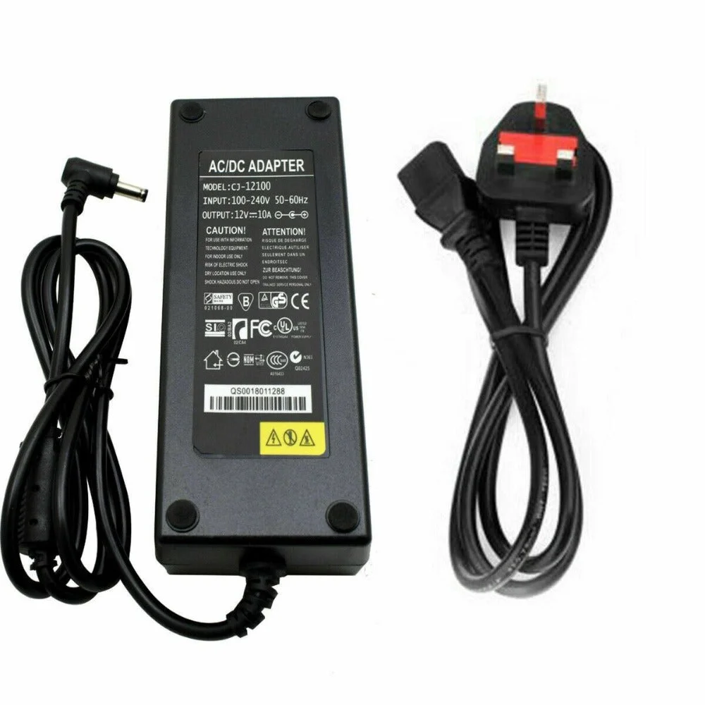 12V power adapter with 5.5mm male connector and compact plastic case, labeled 120W, showing built‑in protection features.