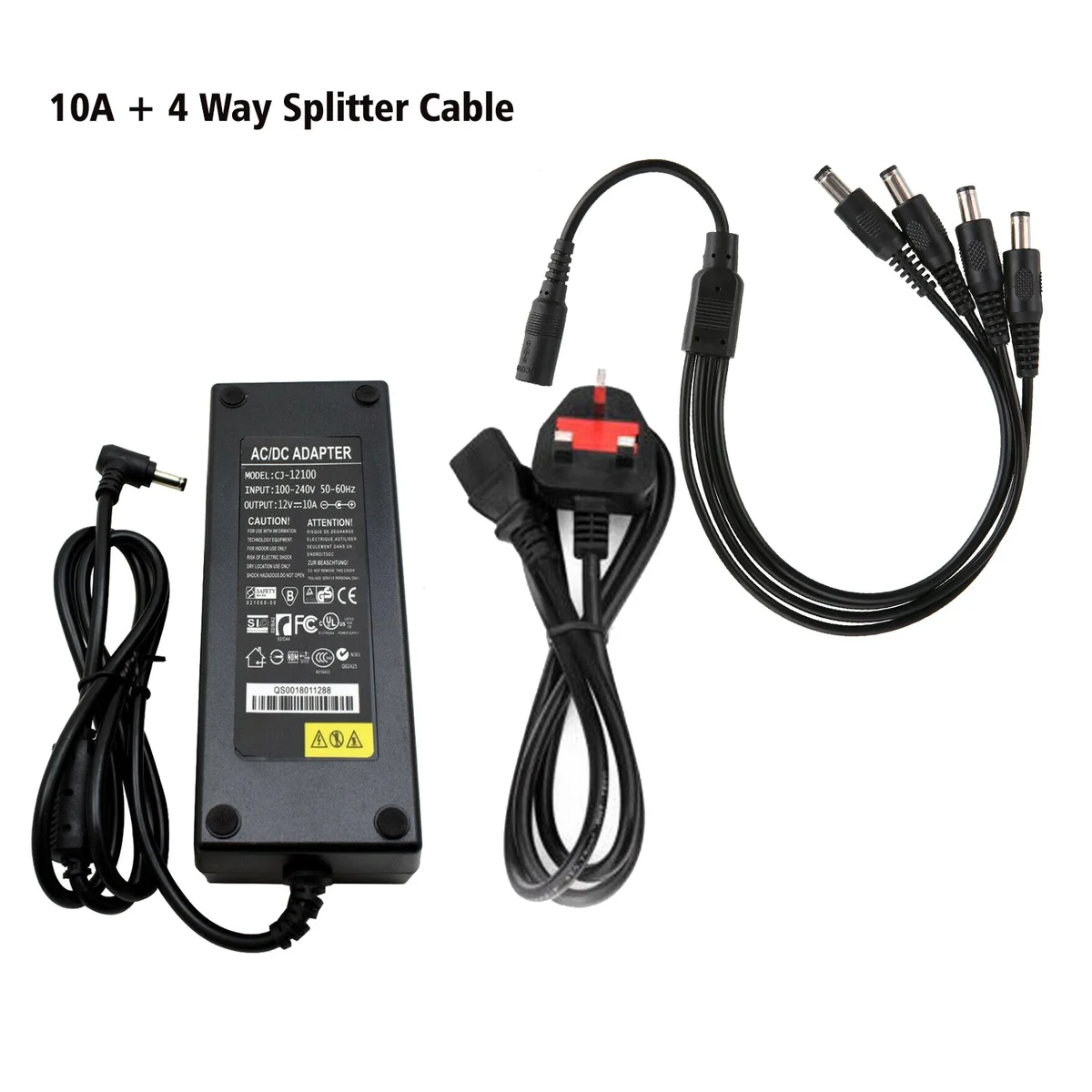 12V power adapter in compact plastic case, 5.5mm x 2.5mm male connector, with a 2‑4‑6‑8 way splitter.