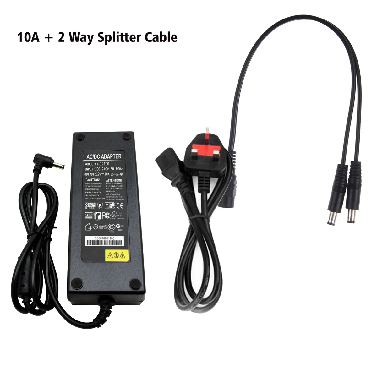 12V power adapter, 120W, 10A output, 5.5mm × 2.5mm male plug, plastic case, input 100‑240V AC.