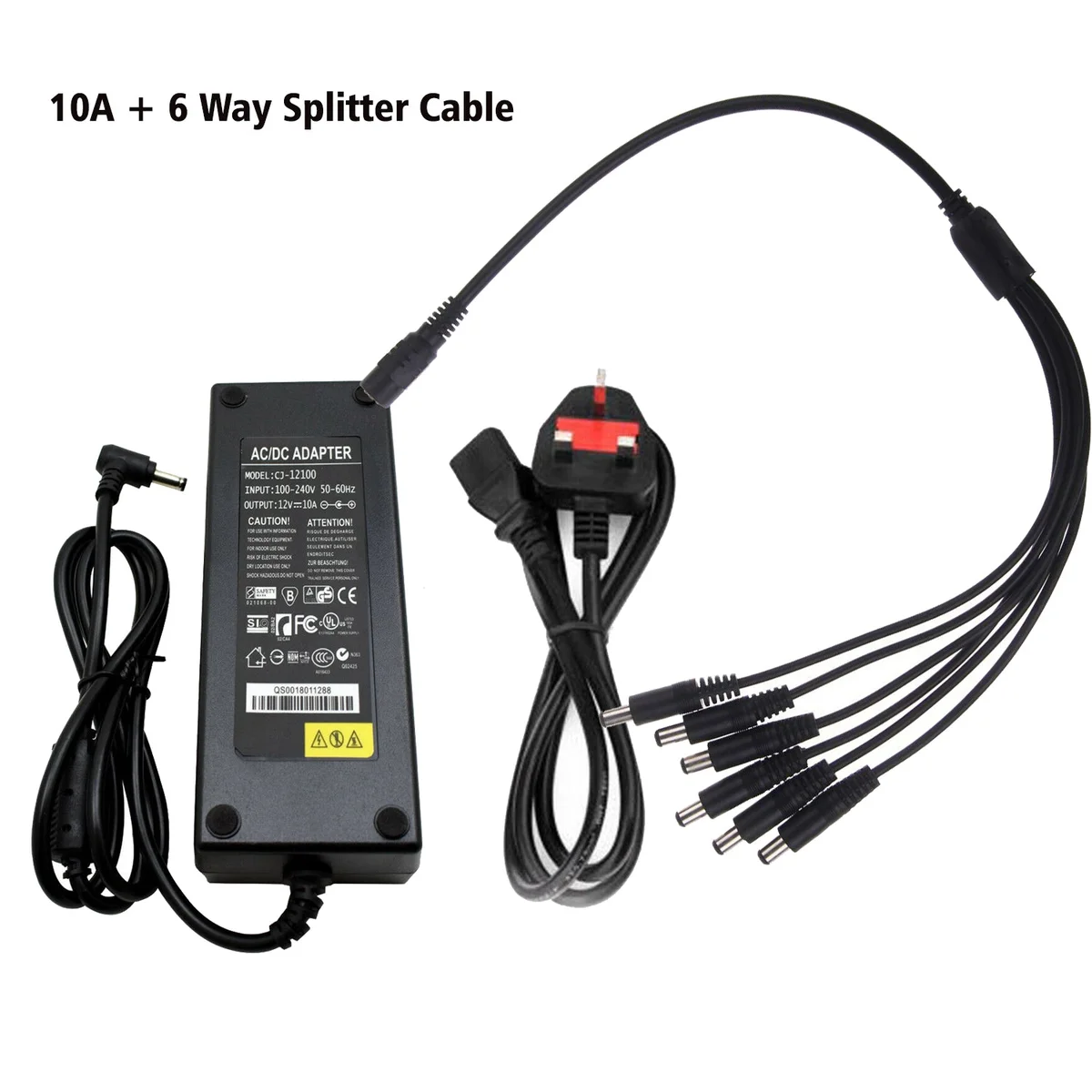 12V power adapter with 120W output, plastic case, 5.5mm x 2.5mm connector, plus 2/4/6/8‑way power splitter.