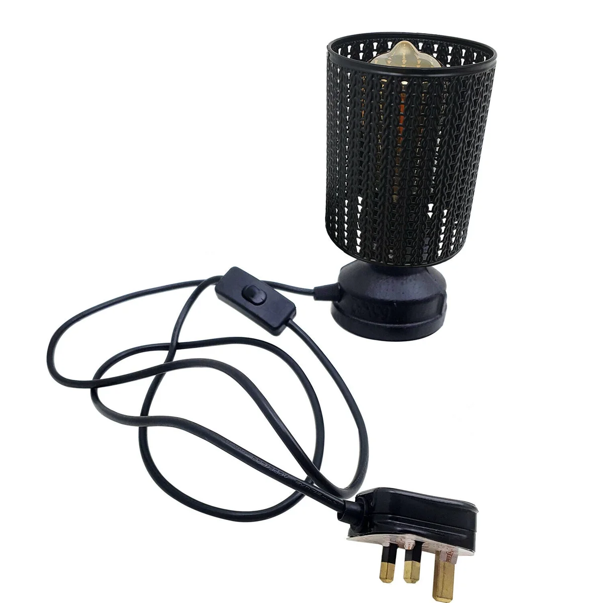 Antique brass table lamp with black metal cage and metal shade, industrial indoor table lighting