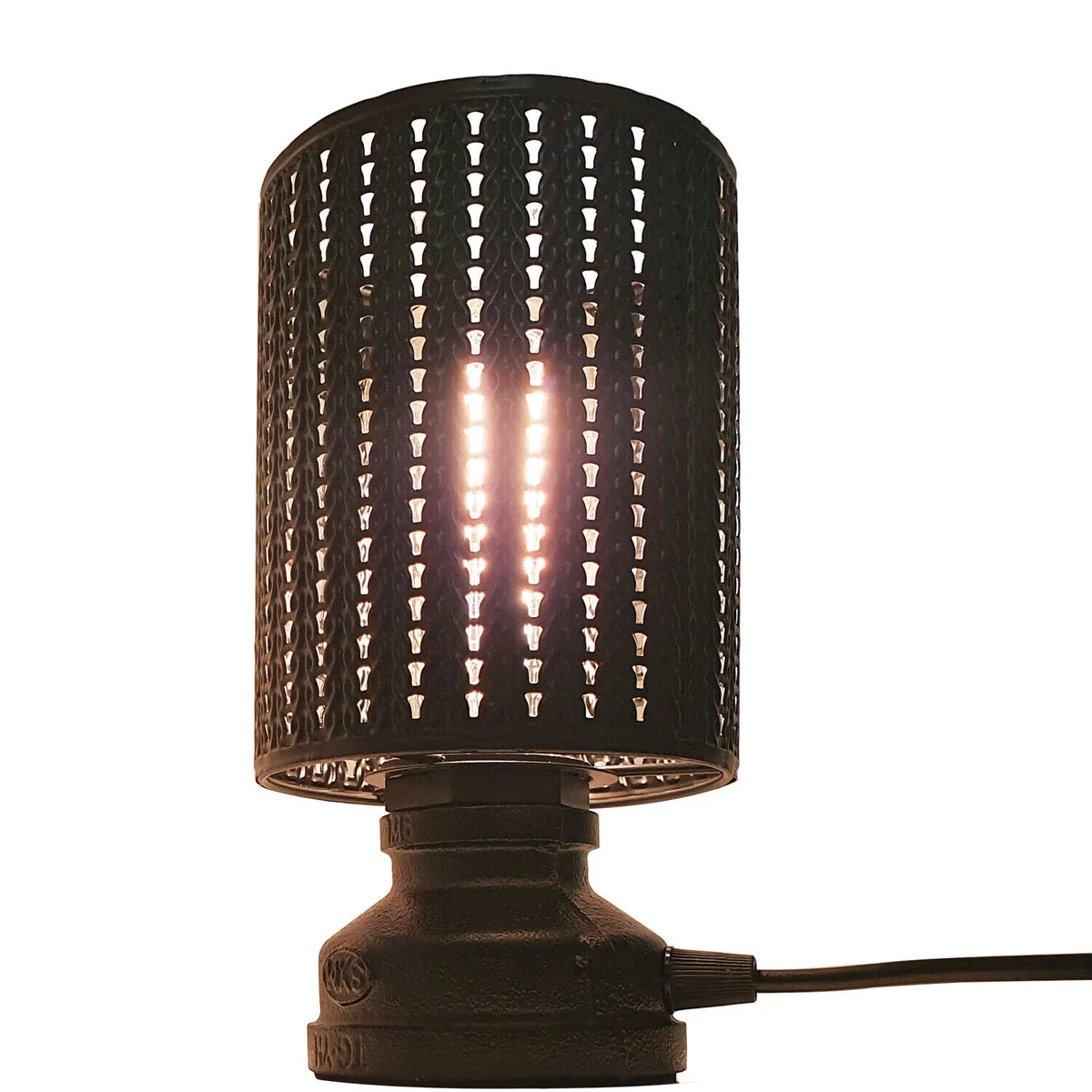 Antique brass table lamp featuring a metal wire cage and black cage lamp style, E27 socket and industrial design.