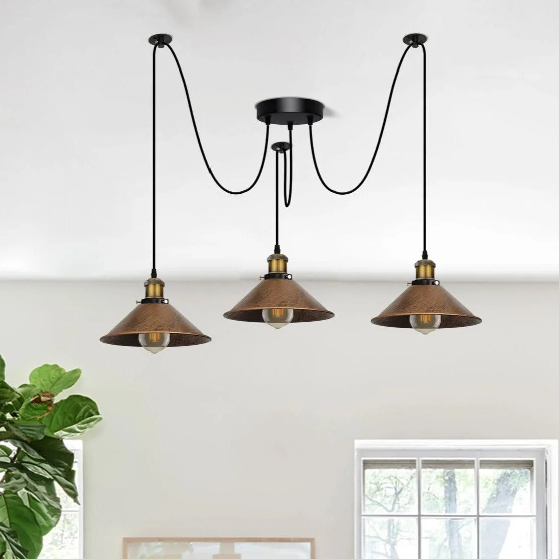 Spider pendant lamp with 3 brushed copper heads, soft textured metal body, hanging adjustable wire, retro style