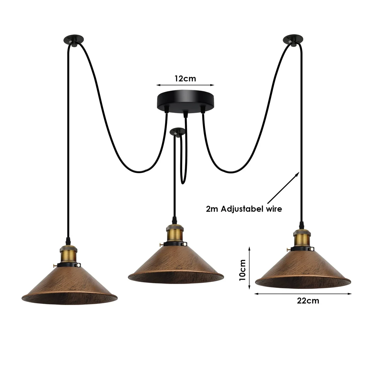 Brushed copper ceiling lamp, a three-branched spider chandelier with coloured shades and adjustable wires, for living rooms.