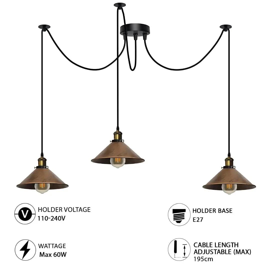 Retro spider chandelier with three arms, brushed copper metal, PVC shades, hanging with adjustable cables and 3 E27 holders.