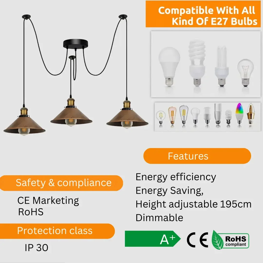 Retro spider chandelier with brushed copper body, 3 E27 holders, adjustable hanging wires light, soft textured lampshade