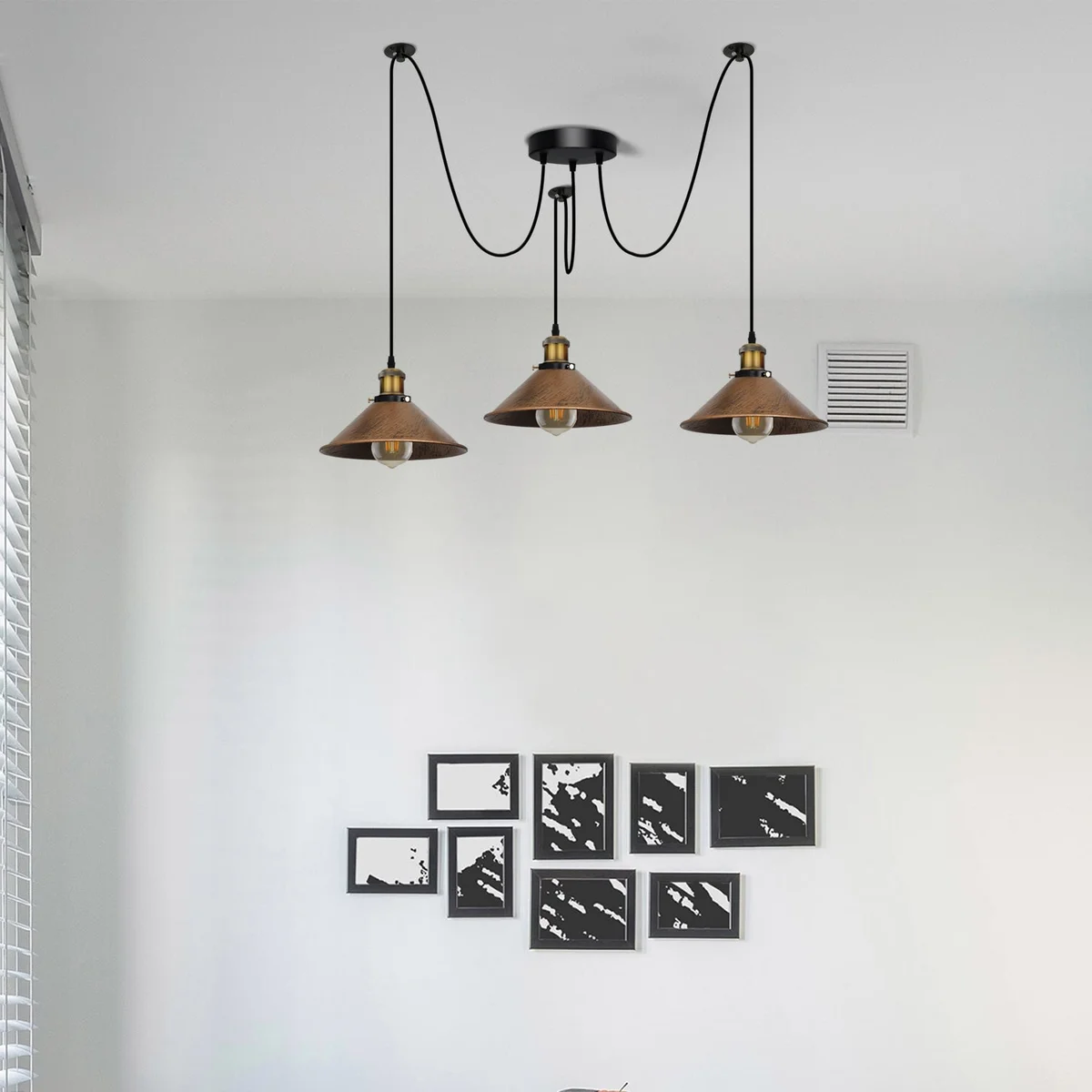 Brushed copper spider chandelier, three angled shades, single E27 bulb base, 2m hanging cable—E27 bulb pendant light