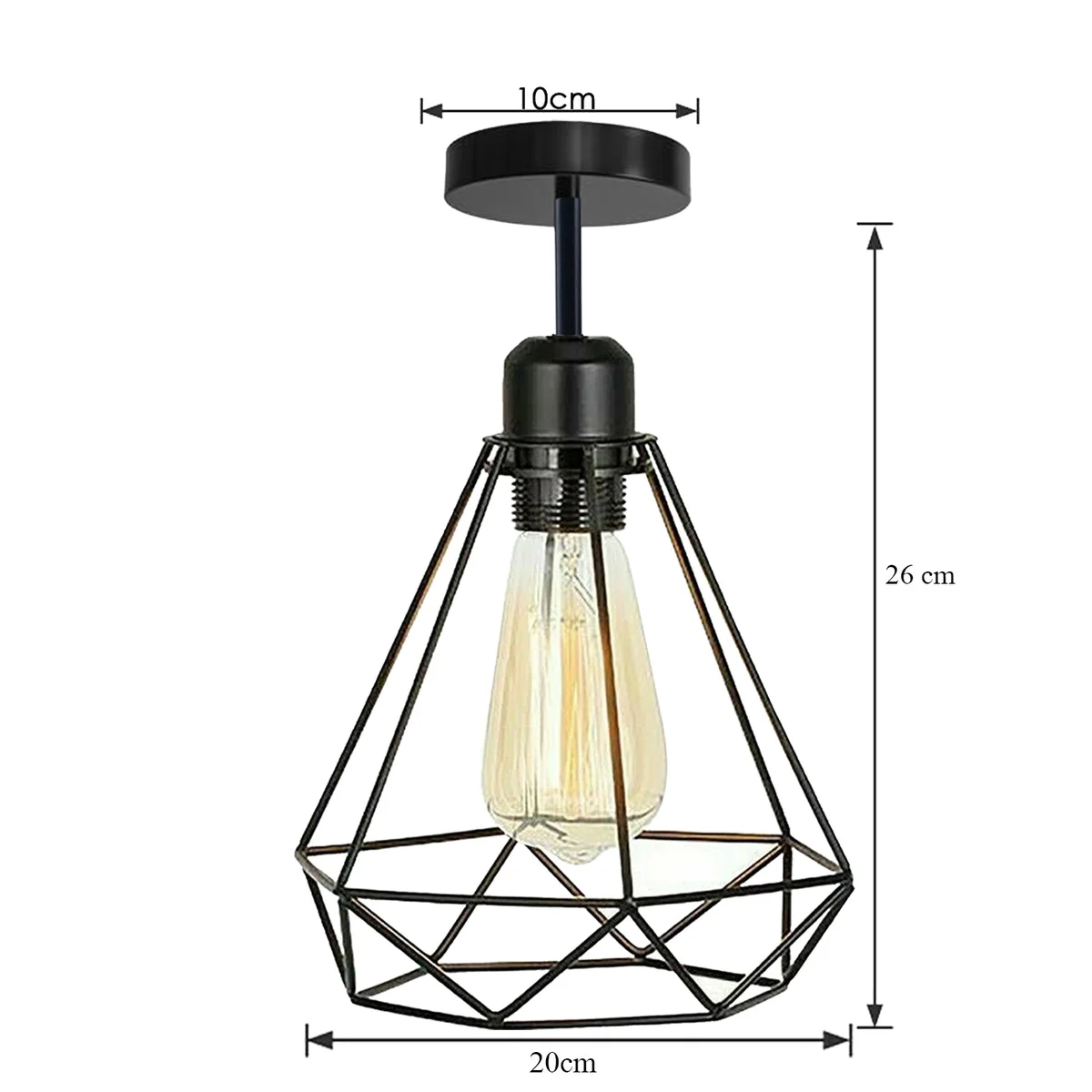 Black metal industrial vintage ceiling light with cage design, featuring flush mount base and E27 socket
