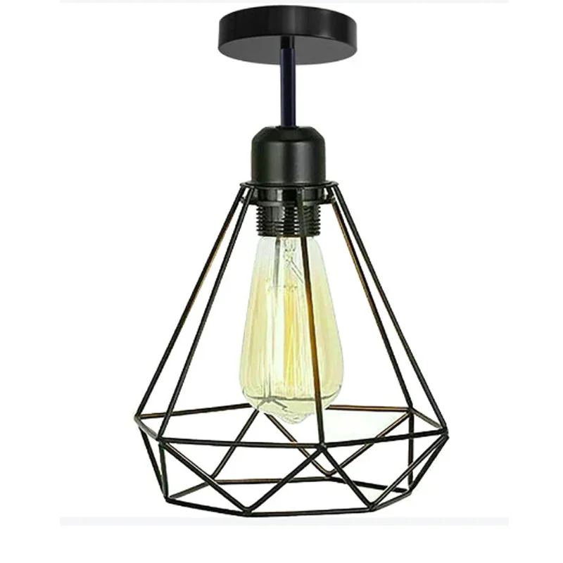 Black metal modern cage ceiling light with E27 base, light holder and cage enclosure.