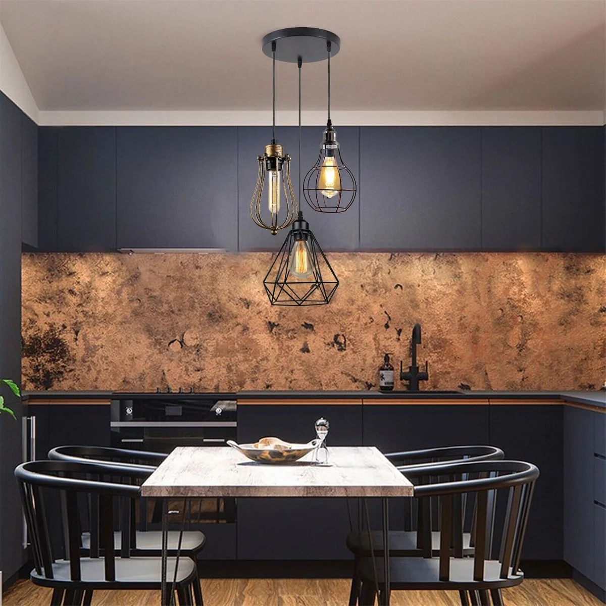 Modern 3 light pendant lamp with sleek cage, matte metal housing, angled hood for sloped ceilings, PVC cable included.