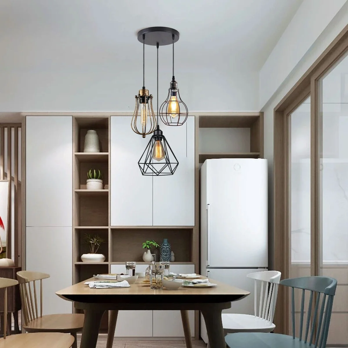 Modern matte cage pendant light with three E27 pendant light holders, metal shade and PVC cable.