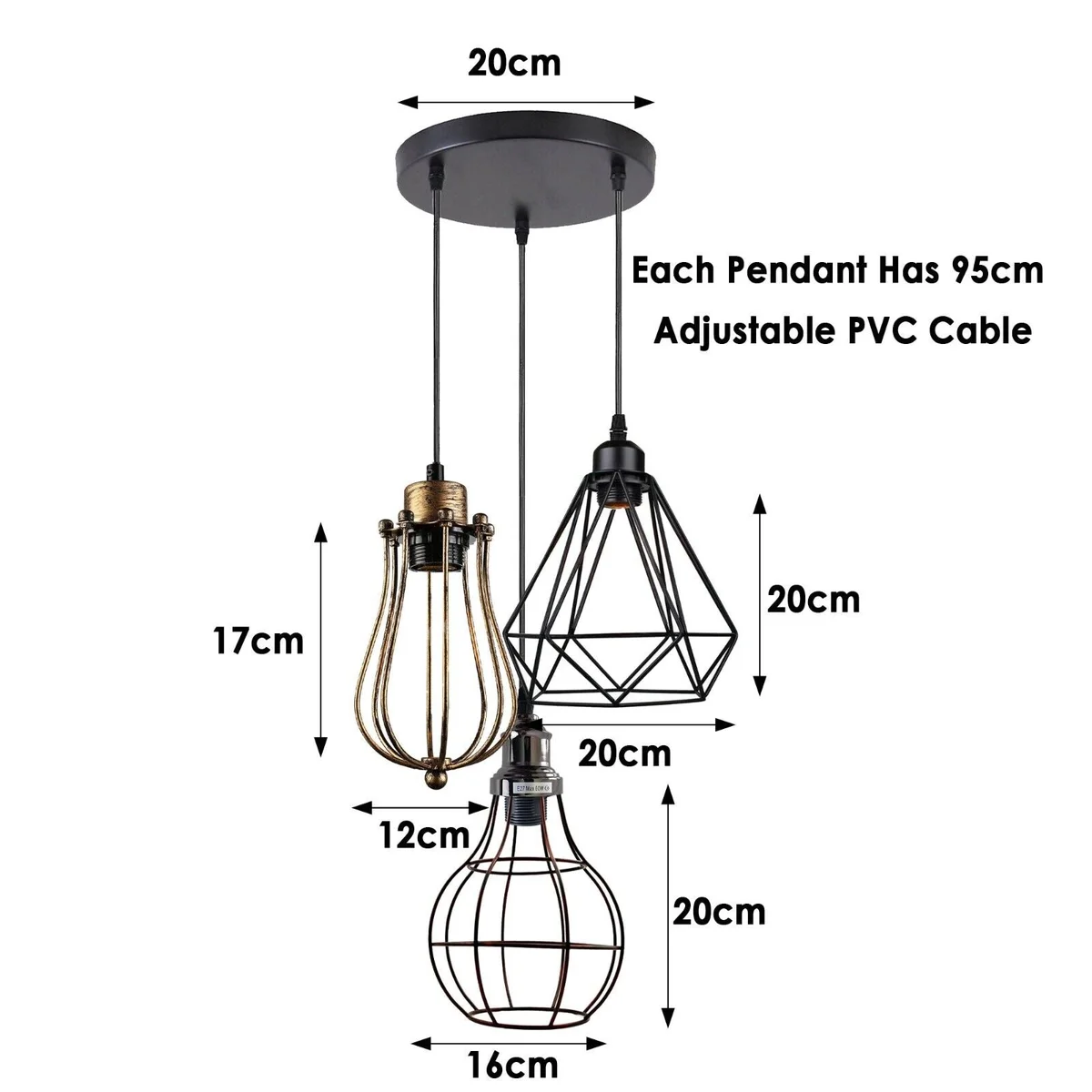 Adjustable ceiling light with sleek matte metal cage, three light holders, PVC cable, suitable for modern kitchens or bars.