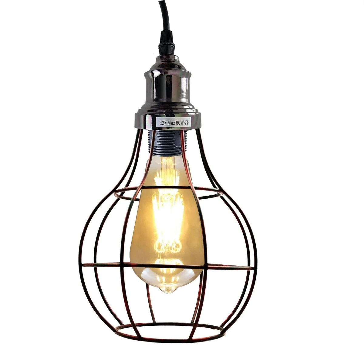 Modern pendant light with matte cage and angled metal base, 3 light holders, hanging from ceiling.