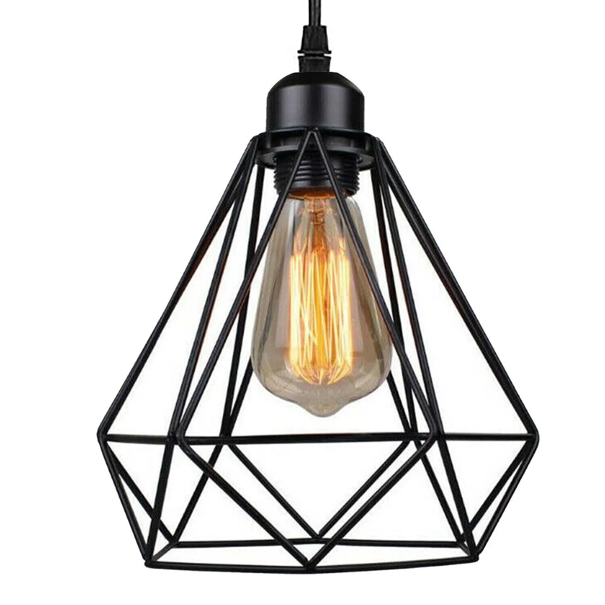 Modern pendant light: matte metal cage with 3 E27 holders, hanging from ceiling, PVC cord.
