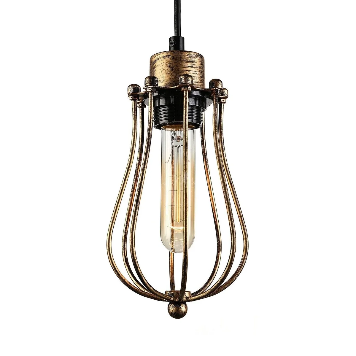 Modern pendant light hanging with matte metal cage, three lights, angled base, PVC cable, stylish kitchen or bar fixture.
