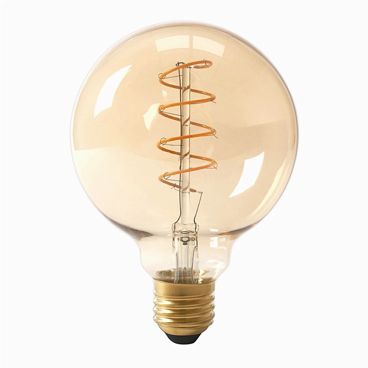 Vintage LED bulb with soft amber glow, spiral filament inside clear glass and metal cap, ideal for home décor