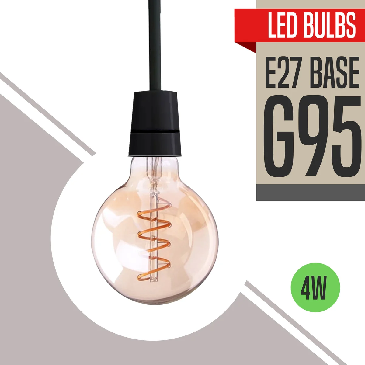 Vintage amber spiral Edison style E27 LED bulb in glass body with metal cap, radiating soft warm light