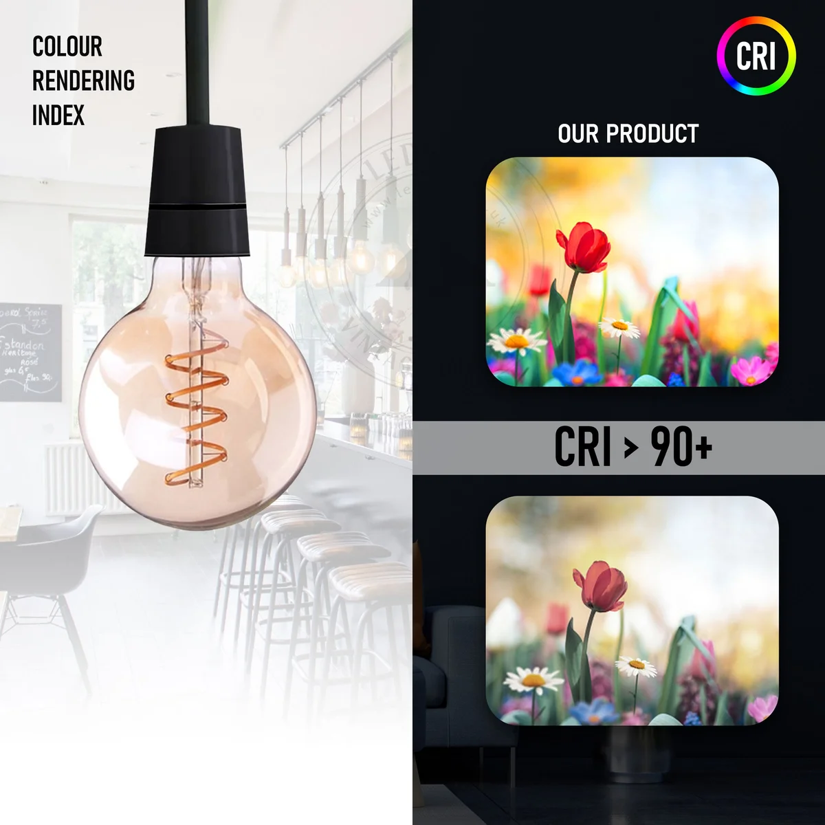 Vintage amber spiral filament LED bulb in glass body with metal cap, sitting on flat surface.