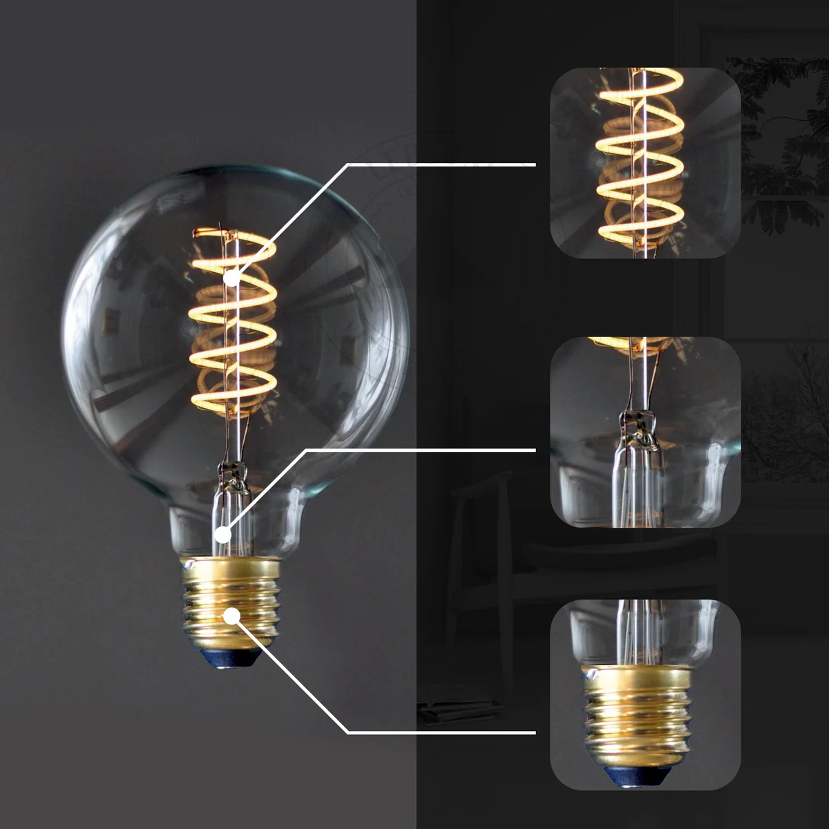 Decorative LED bulb with amber glass and spiral filament, vintage Edison style, 4W E27 G95.