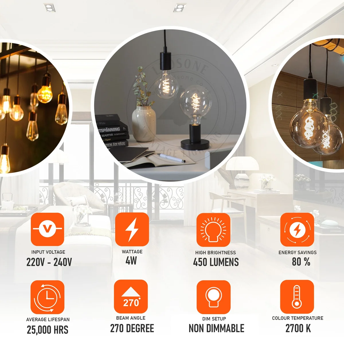 vintage LED bulb with amber spiral filament, glass body and metal cap