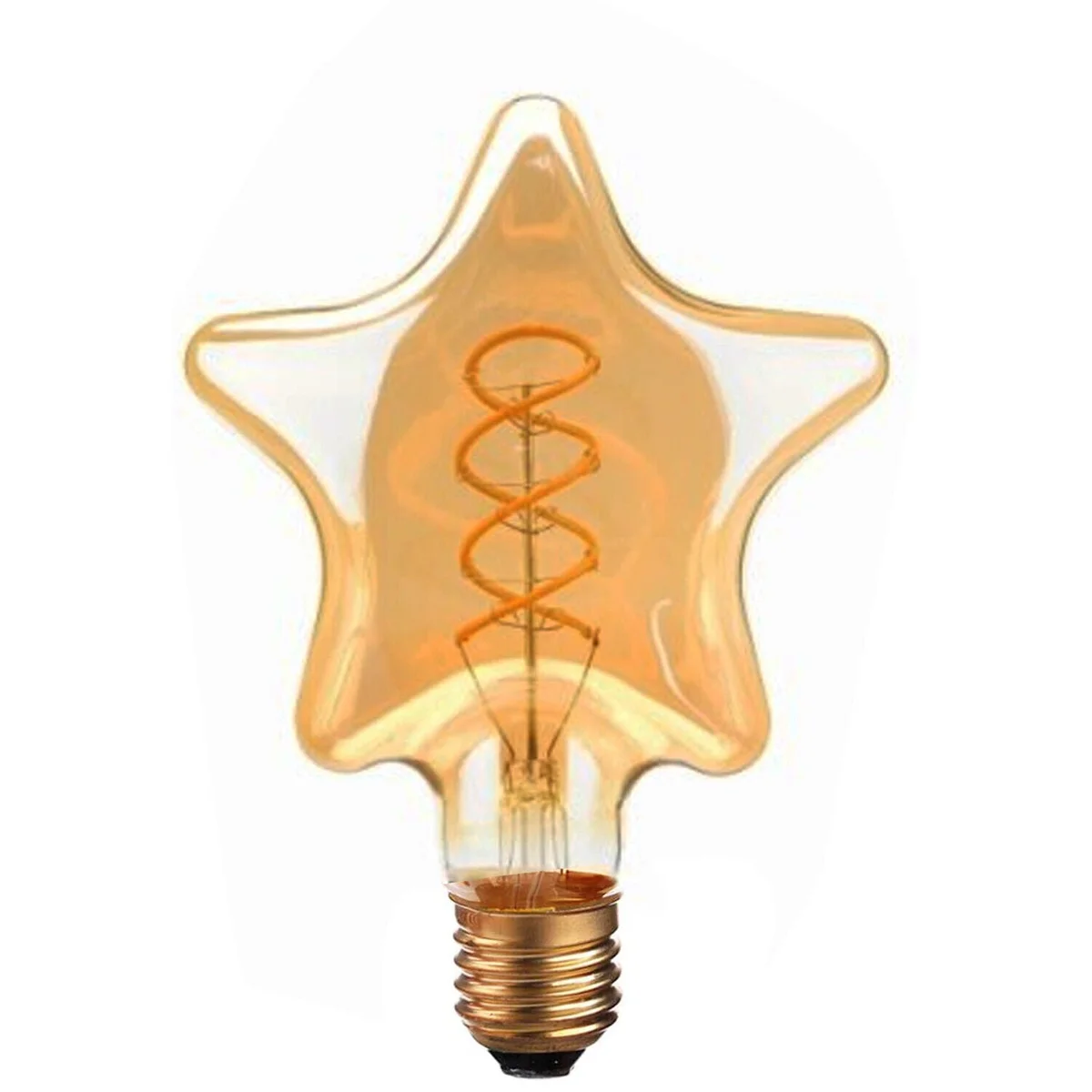 E27 LED filament bulb with warm amber glass and metal cap, bright white glow ideal for home lighting.