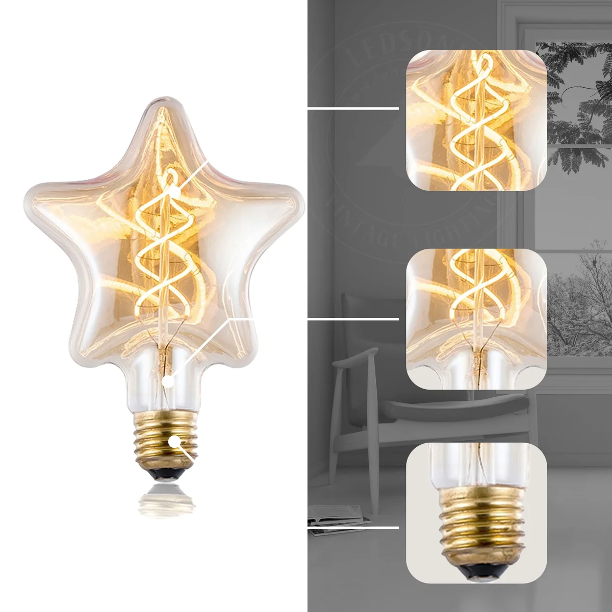 LED filament bulb with glass body and metal cap, amber glow, labeled warm white LED bulb, 4W, 250‑499 lumens.