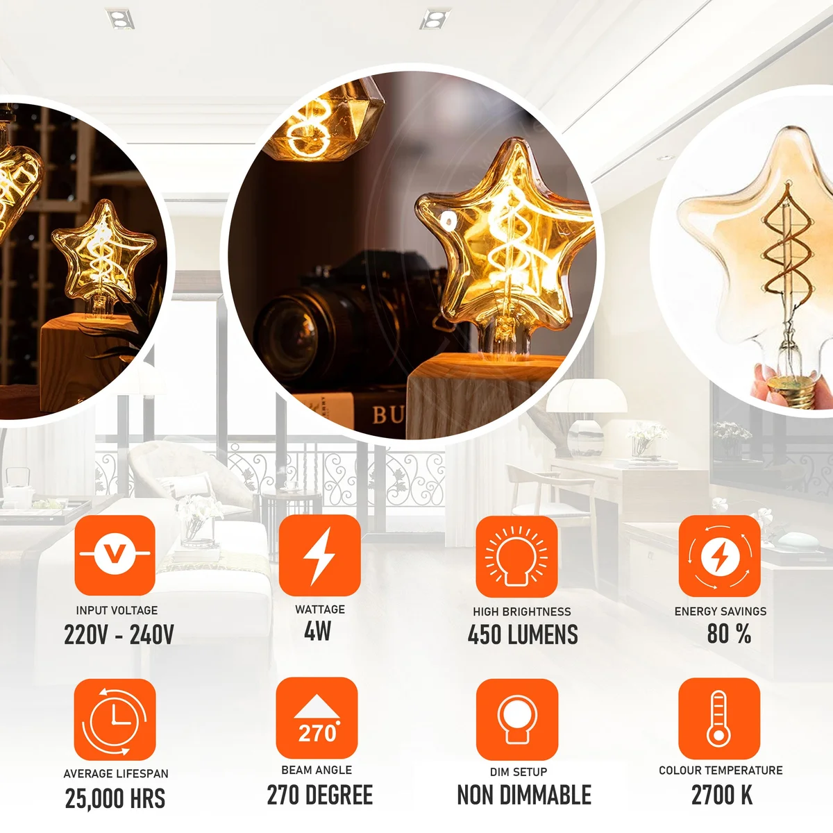 White LED filament bulb with glass housing and amber glow, a stylish indoor LED light bulb, 4W screw bayonet cap.
