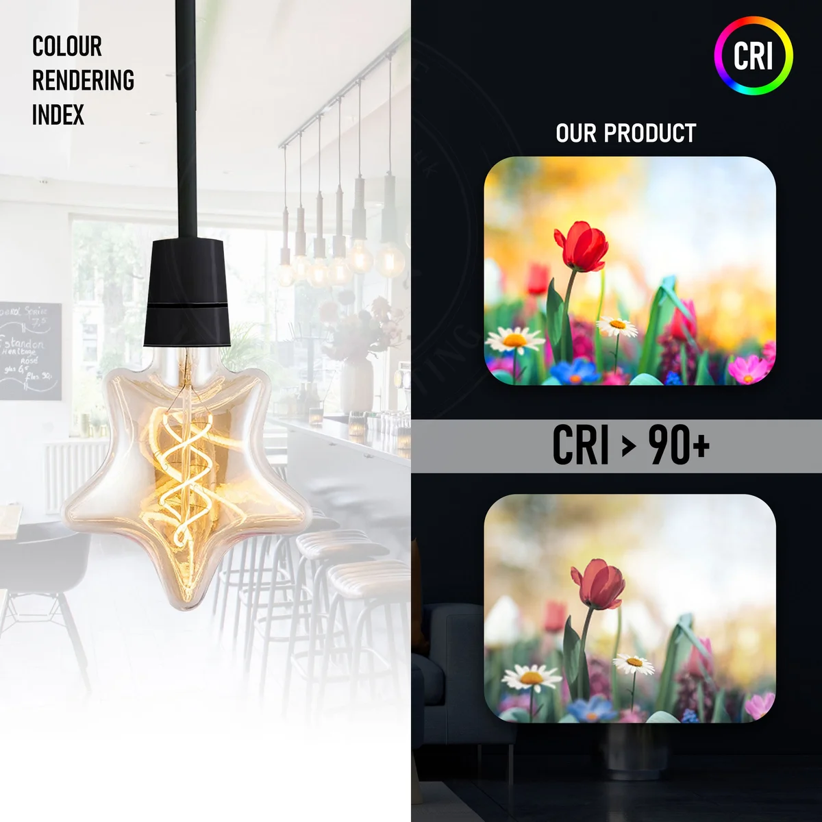 Screw base LED bulb with soft amber glow, glass housing, metal cap, vintage Edison filament style.