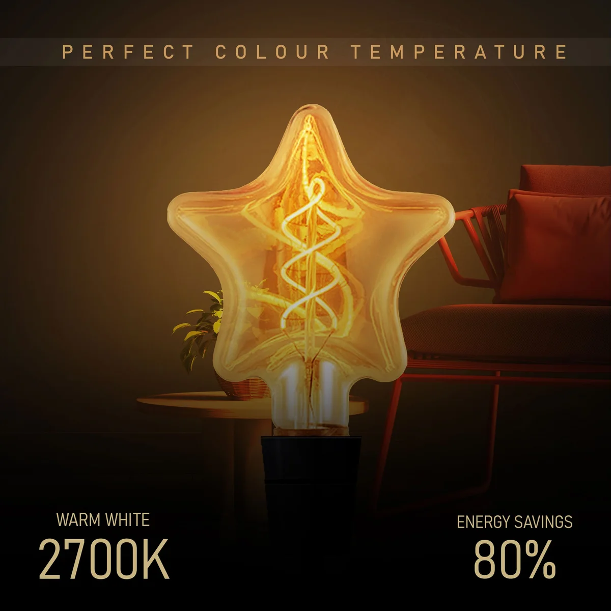 E27 LED filament bulb with glass body and metal screw cap, featuring warm amber filament glow.
