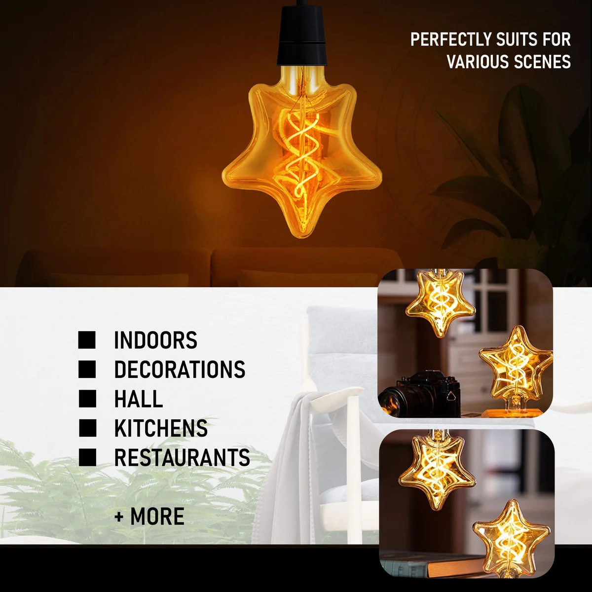 E27 LED filament bulb 4W, warm white soft amber luster, glass body with metal cap, retro Edison style