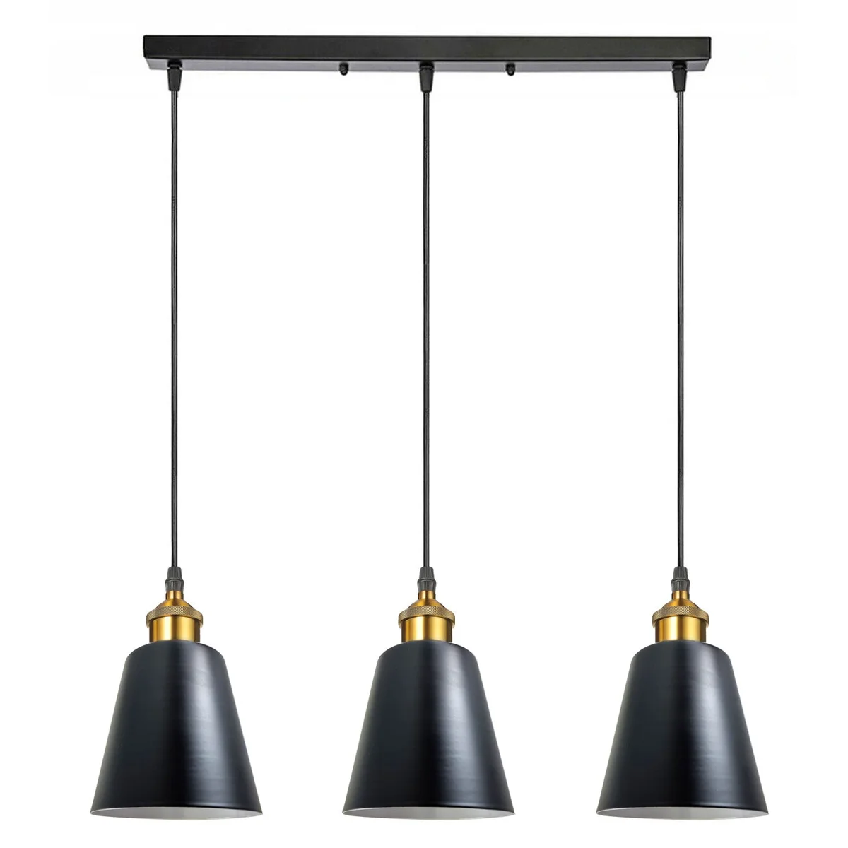 Black metal pendant light with vintage industrial design, shade 13cm by 12.7cm, adjustable 95cm cable.