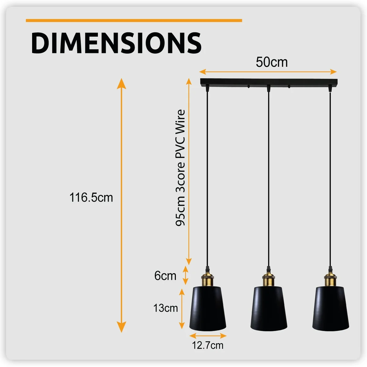 Black vintage industrial loft style ceiling lamp with three metal shades hanging from ceiling