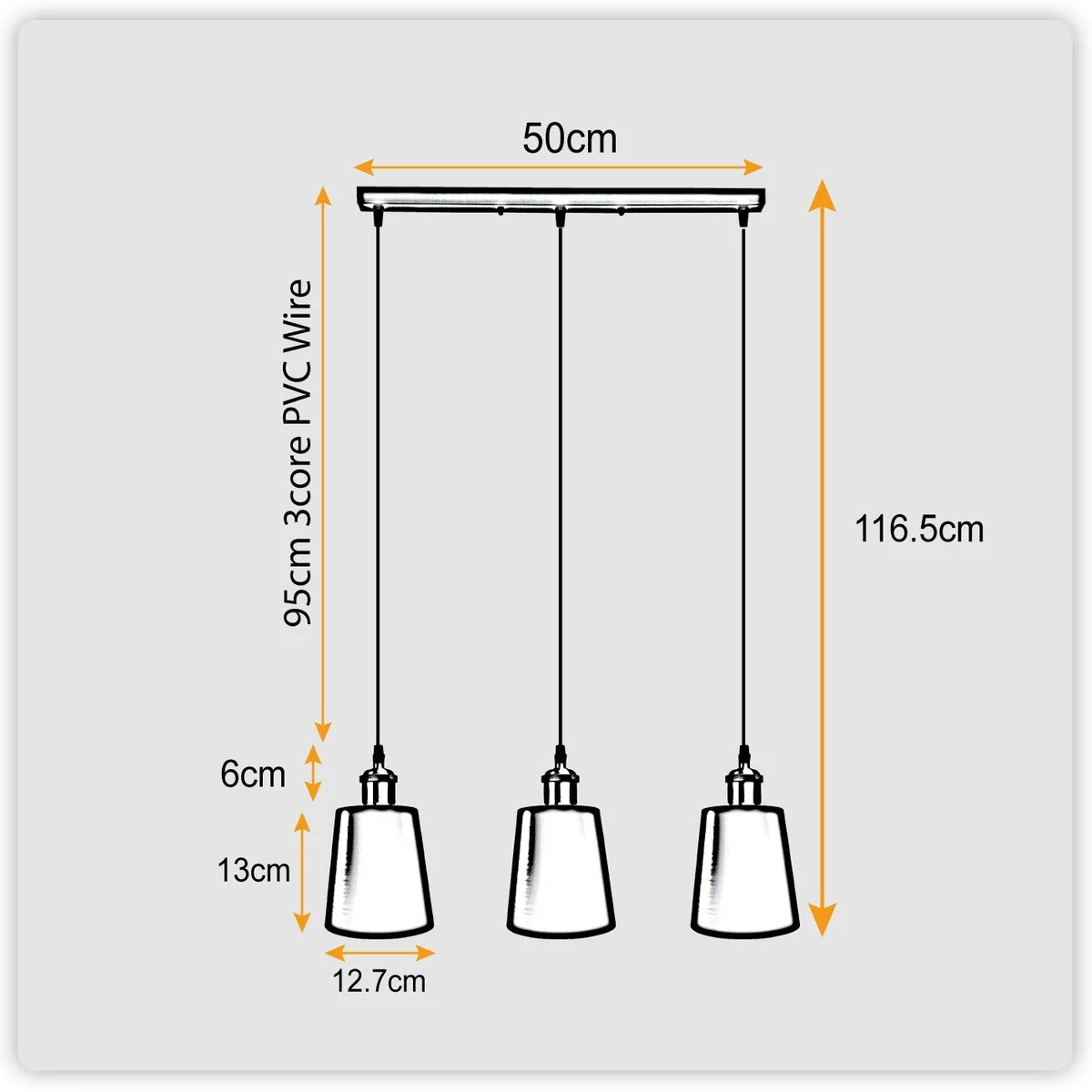 Dimmable ceiling light: vintage metal pendant with 3 shades, 95cm adjustable cable, 13cm high, 12.7cm wide
