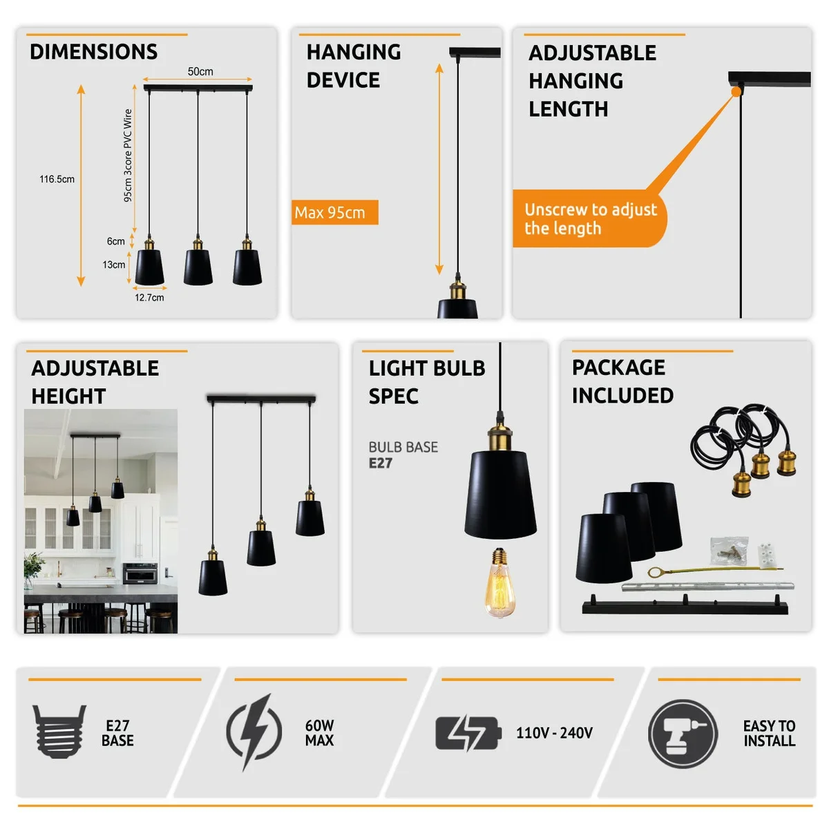 Black vintage industrial pendant light with three metal lampshades, hanging from ceiling, ideal as an E27 bulb pendant.