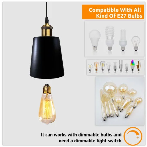 Black vintage industrial retro hanging light with three metal shade heads suspended from ceiling