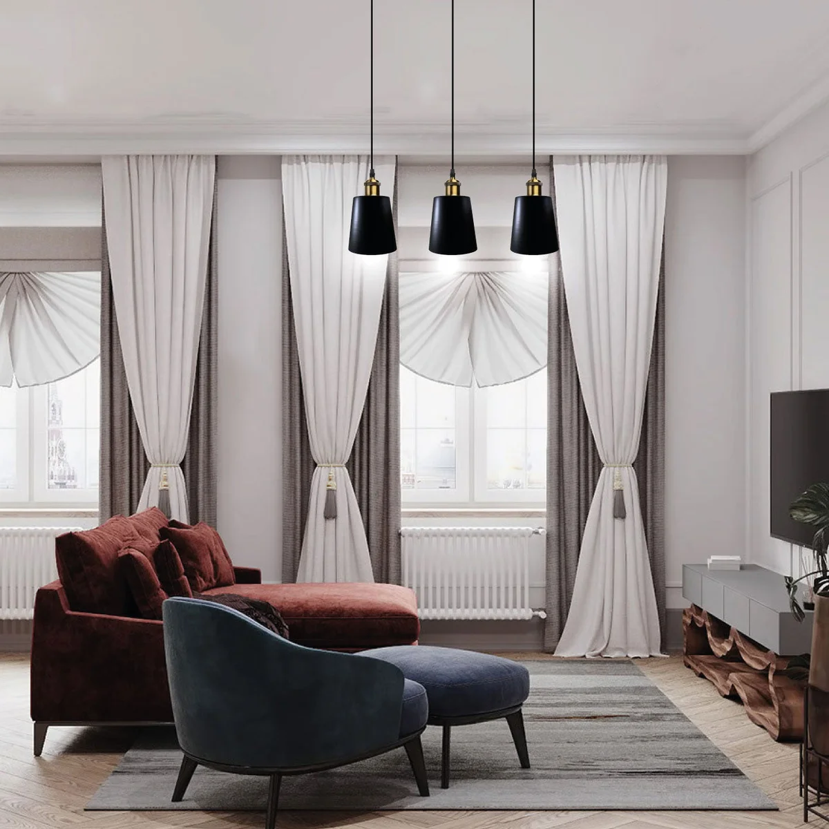 Black 3‑head vintage industrial ceiling light with metal shade, LED plug‑in socket, hanging from hardwired ceiling rose