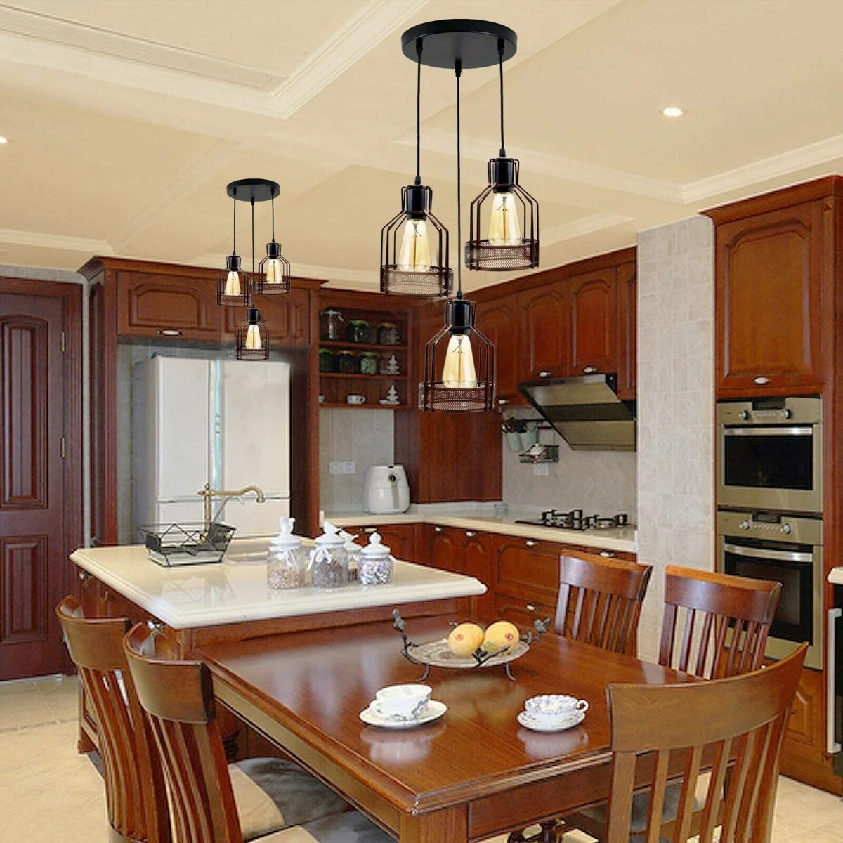 Black metal pendant light shade with 3 caged light holders hanging from a 90 cm PVC cable.