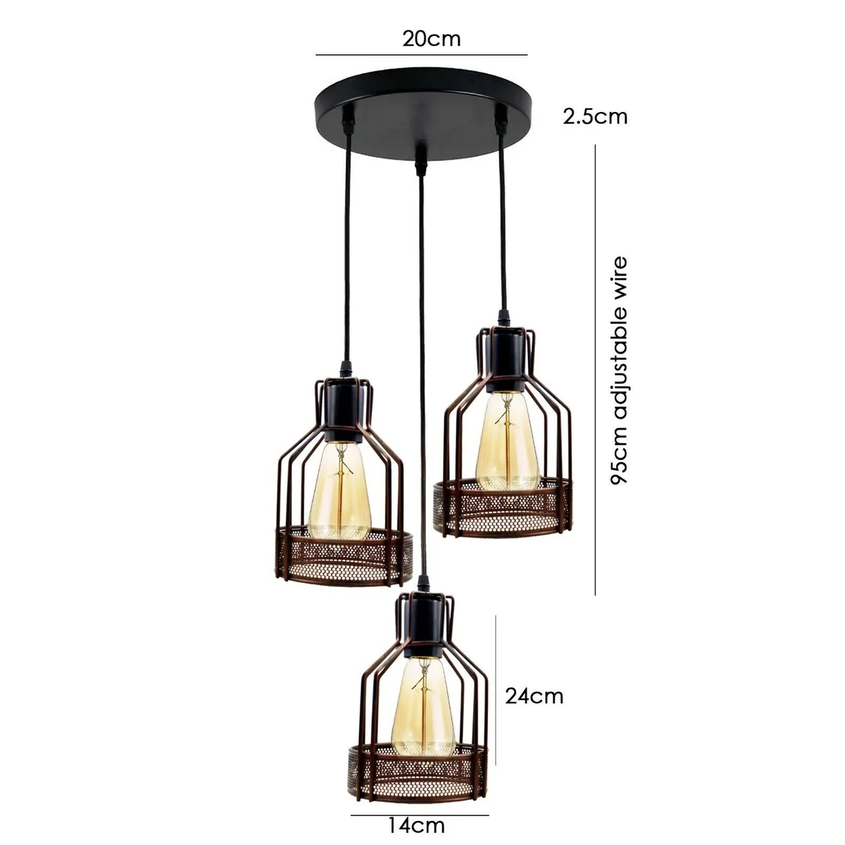 Black metal 3 head pendant light with cages hangs from wall with 90cm PVC cable