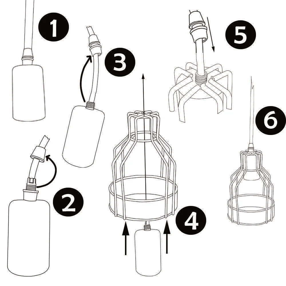 Black metal light shade pendant with three hanging lamps and a 90cm PVC cable, mounted on a round base.